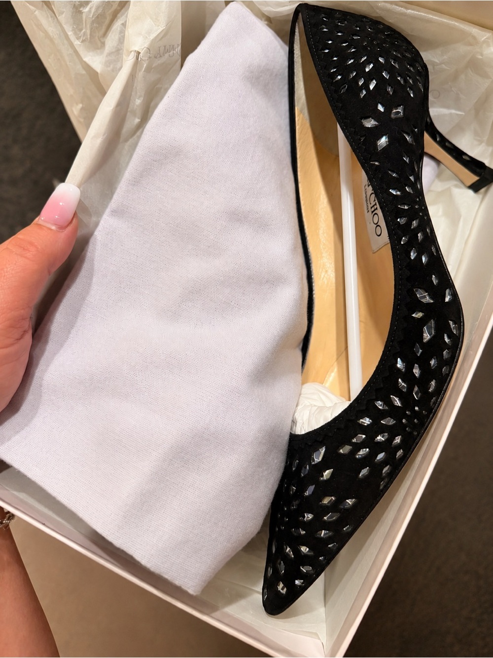 Jimmy Choo Black Suede Laser-Cut Pointed Kitten Heel